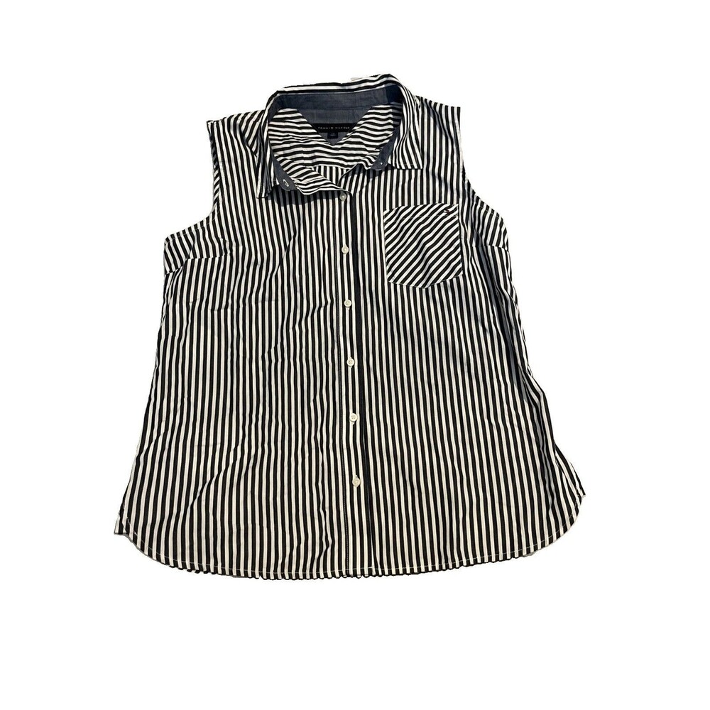 Tommy Hilfiger Shirt Womens L Blue White Striped Sleeveless Button Up Pocket